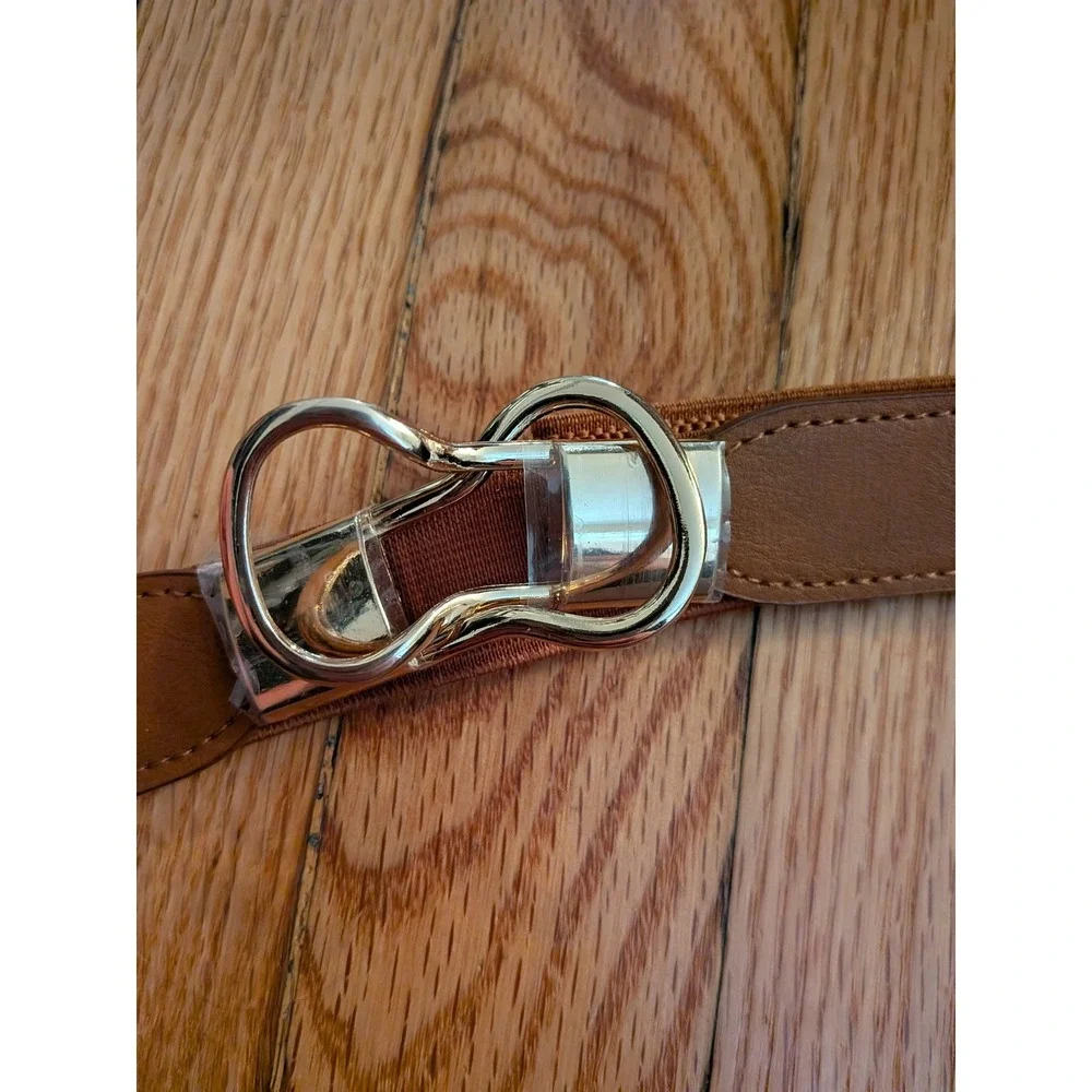 Cognac Brown Elastic Stretch Waist Belt Gold Interlocking Buckle Infinity Clasp